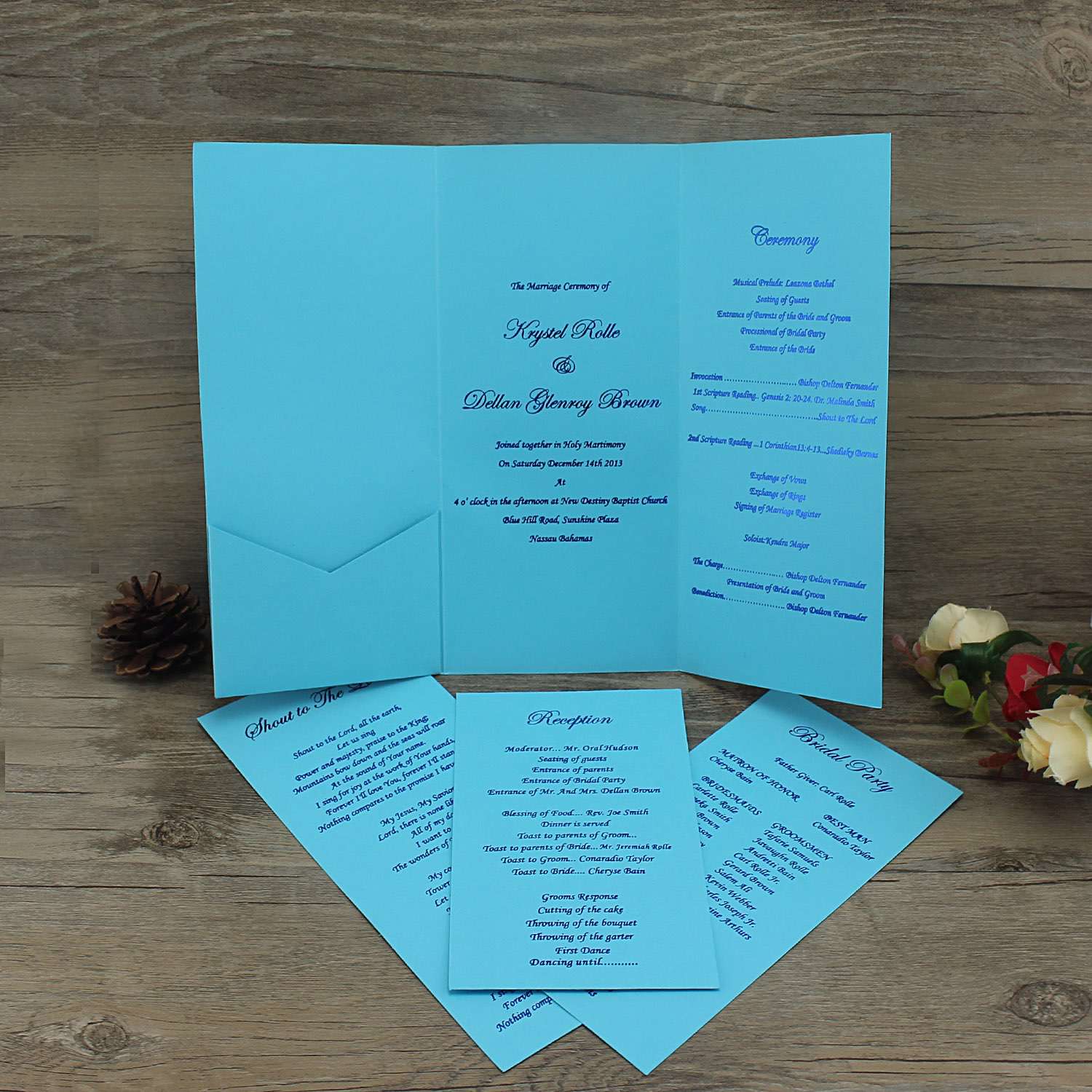 Blue Invitation Card Rectangle Wedding Invitation Card with Purple Ribbon Bow 